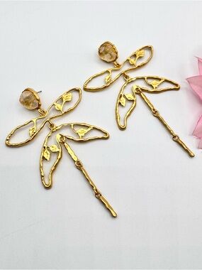 Dragonfly Frame Earrings Brutalist Abstract Bright Gold Tone Big Large Statement